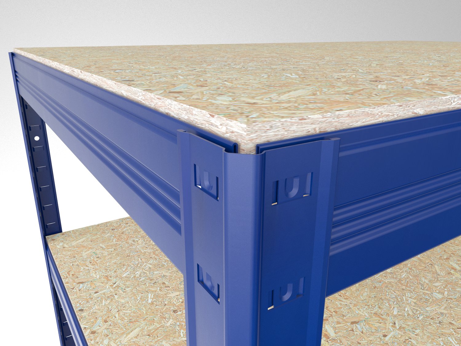 Horní část kovového regálu s OSB deskami